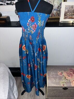 Smocked Blue Floral Maxi Dress with Halter Straps
